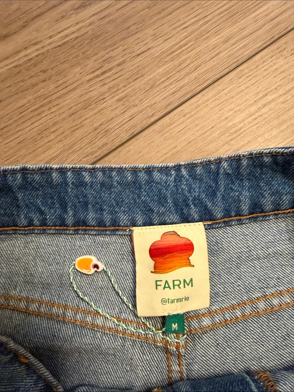 Farm Rio for Anthro Multicolor Crochet Patch High-Rise 100% cotton Denim Shorts - Picture 9 of 11